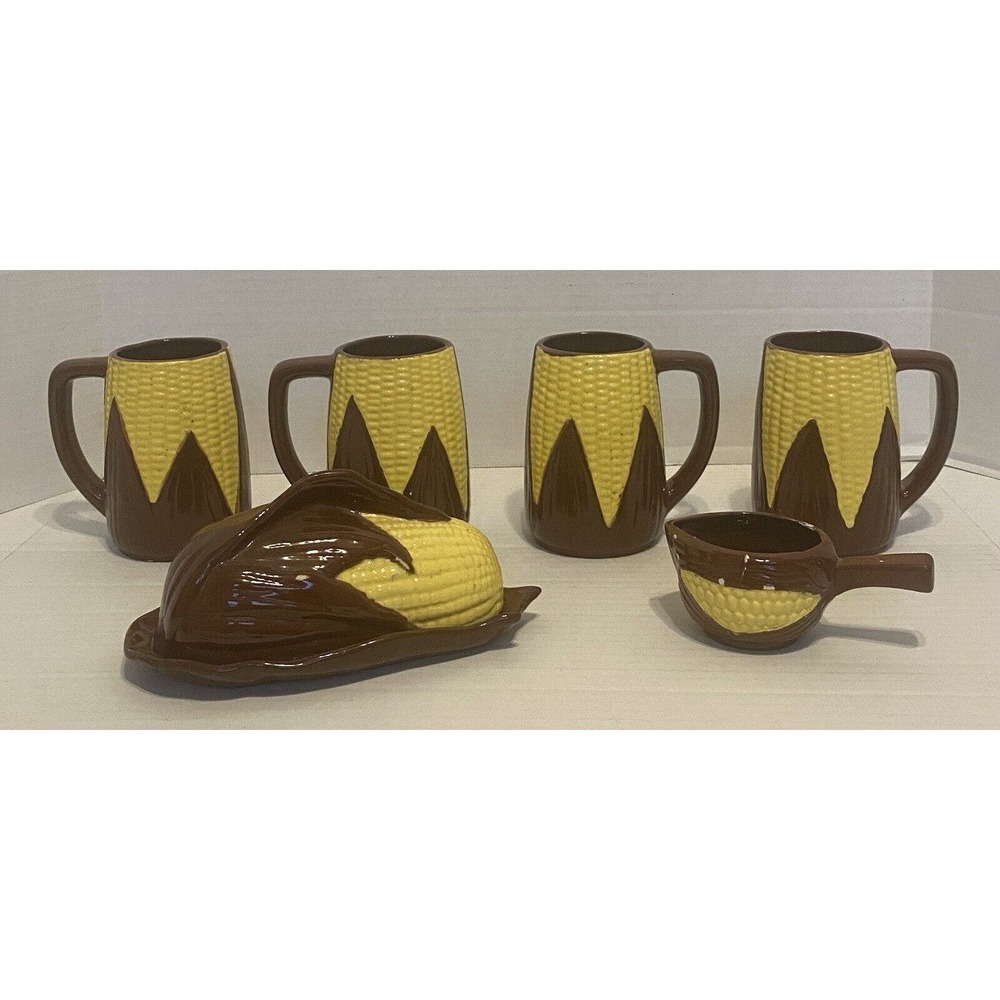 Vintage Corn Cob Ceramic Mug Cup Set 4 W/ Butter Dish & Creamer Cup-Unique